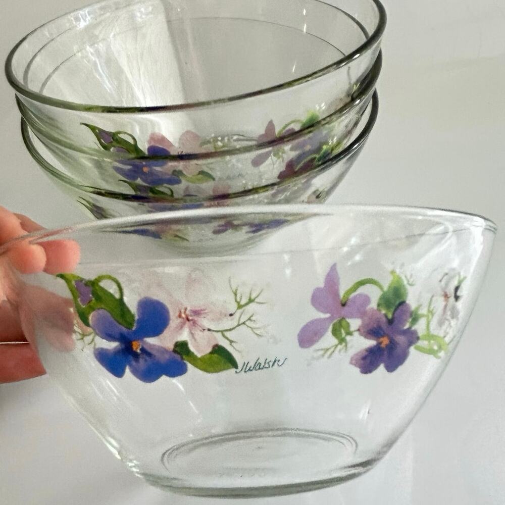 4 Vintage 1980s Arcoroc France Wild Violets Glass Bowls J Walsh